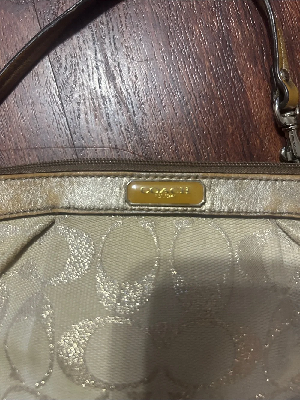 Coach Shimmer Signature Beige Wristlet with Metallic Trim